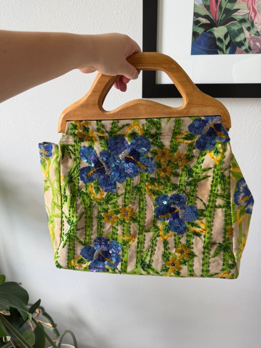 Vintage Mystique Beaded Floral Wood Handle Summer Bag Art to Wear ONE OF A KIND
